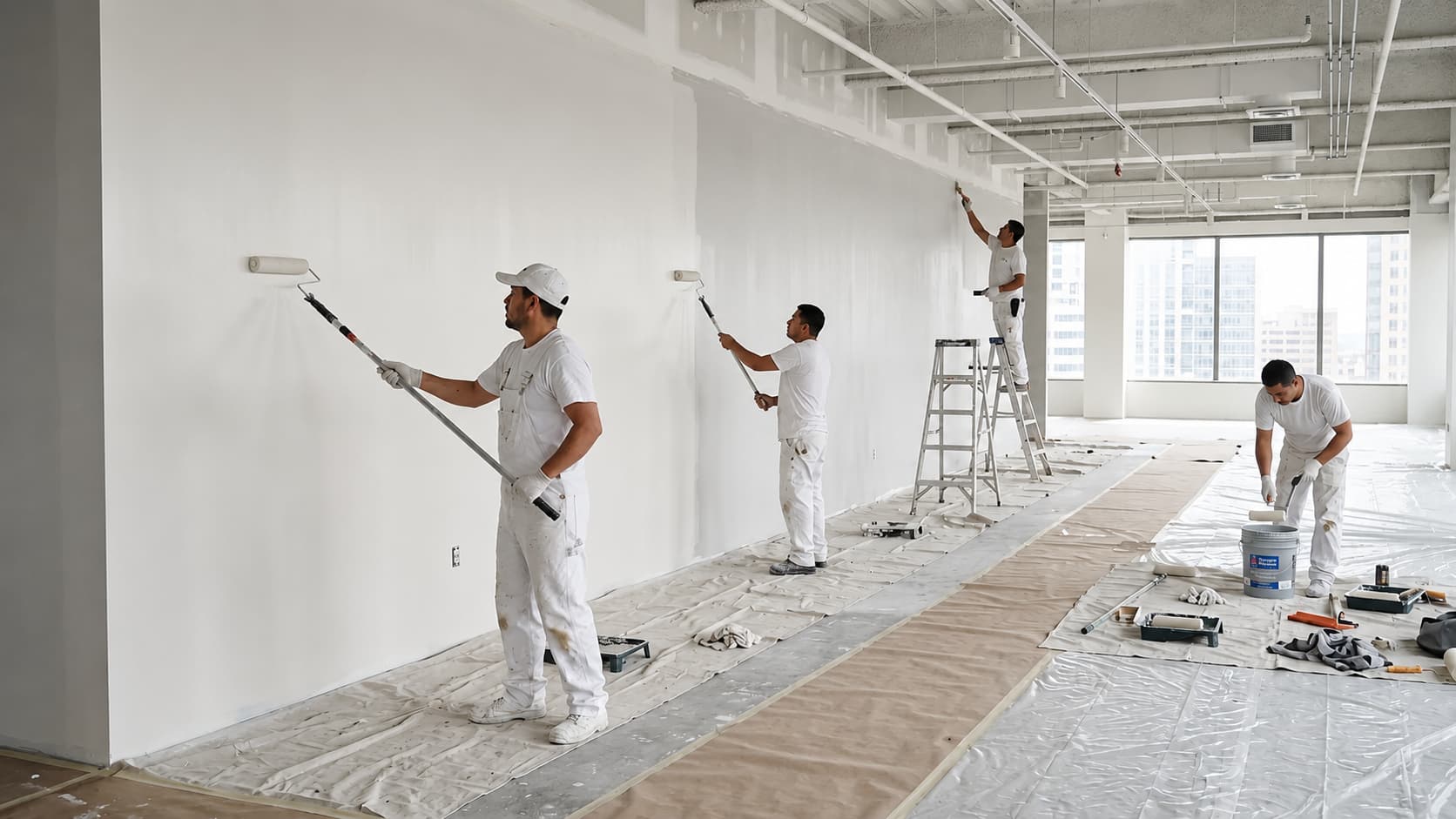 Commercial painting crew working inside a large office building in Buffalo