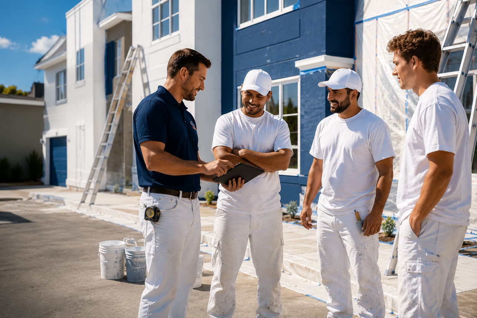 Painting contractor reviewing project plans with a group of painters