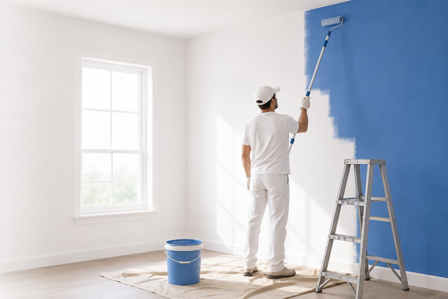 Painter rolling paint on a wall