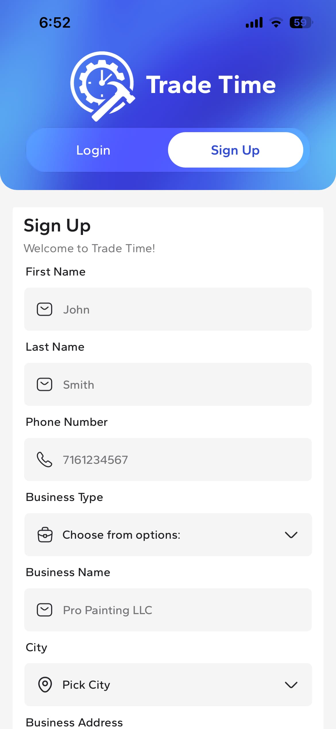 Create your business account screen
